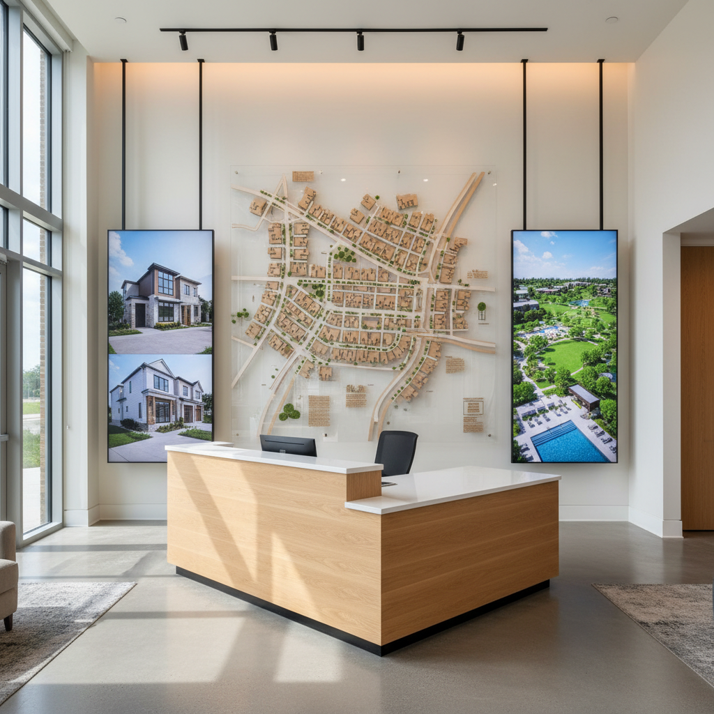A meticulously rendered leasing and community information center for a new residential development, with a clean, modern reception desk in light oak and white quartz, backed by a large wall-mounted 3D map of the entire neighborhood. On nearby displays, high-resolution renderings of townhomes, parks, and community amenities are framed in simple black metal. Natural daylight pours in from tall windows, complemented by warm recessed ceiling lights, creating a bright yet comfortable atmosphere. The mood is professional and reassuring, communicating trust and long-term stability. Photographic realism with a slightly wide-angle lens, framed symmetrically so the reception desk anchors the center and the visuals of the planned community fan out around it, all surfaces sharp and crisply detailed.
