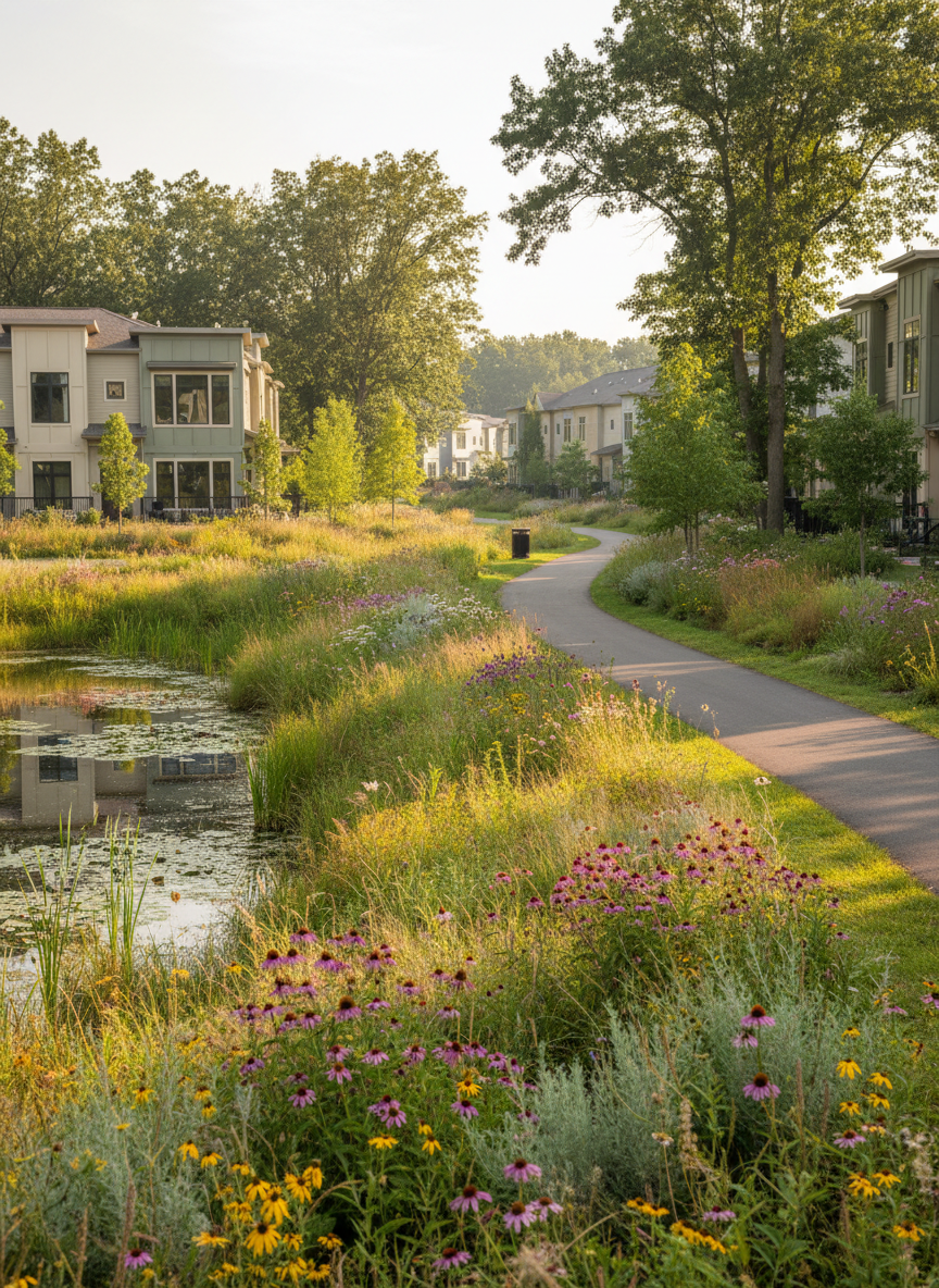 A tranquil, tree-lined greenway threading through the center of a master-planned residential community, with a smooth, meandering walking path, carefully chosen native grasses, flowering shrubs, and a small stormwater retention pond with a naturalistic edge. Modern townhomes and small apartment buildings in the background have muted, coordinated colors and generous windows, partially obscured by the landscape to emphasize nature. Late afternoon sunlight filters through the trees, casting dappled light patterns across the path and water, creating a serene, livable mood. Photographic realism with a gently leading composition that draws the eye down the path into the distance, moderate depth of field keeping both foreground plantings and mid-ground architecture in clear focus while the far background softens gracefully.