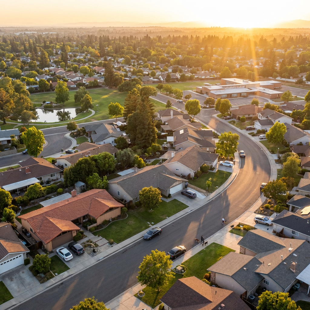 Aerial view of a suburban neighborhood with houses and trees at sunset.