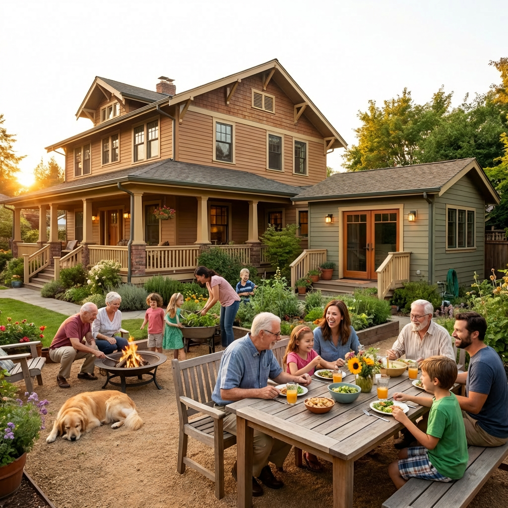 Multi-generational family gathering for dinner and outdoor activities in a lush, garden-filled backyard.